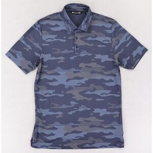 Travis Mathew Polo Shirt Mens Medium Blue Gray Camo Palm Tree Golf Performance